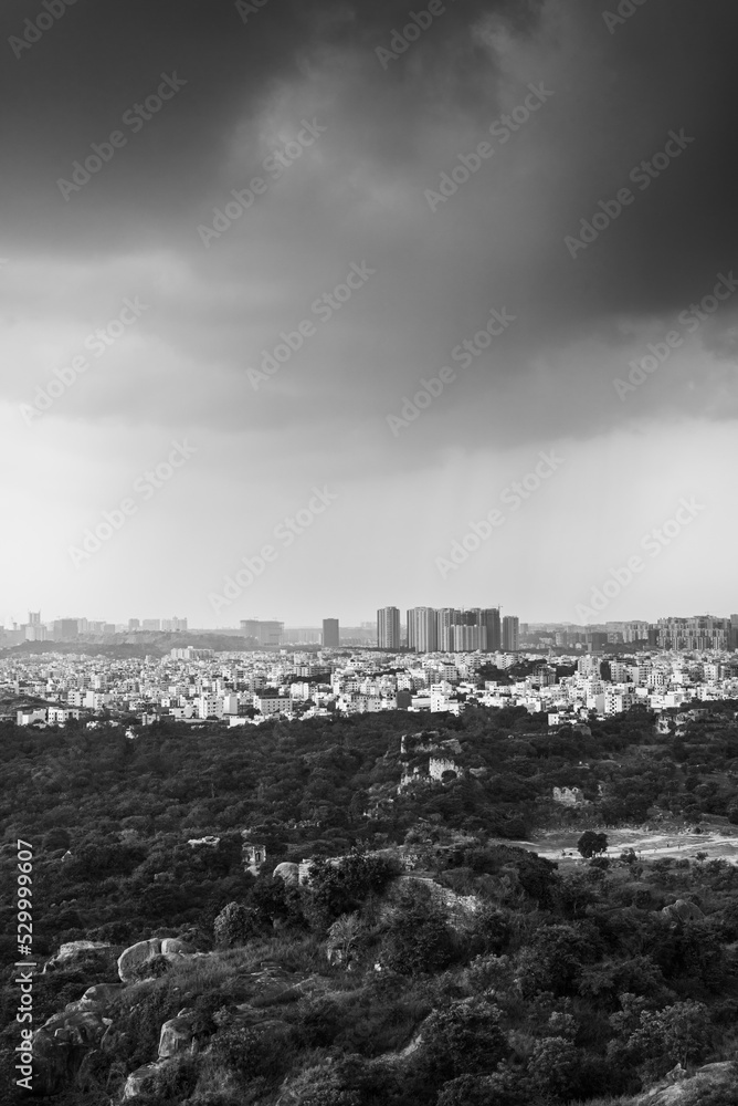 A thunderstorm pouring over Hyderabad Hi-tech city. A view from Golconda fort