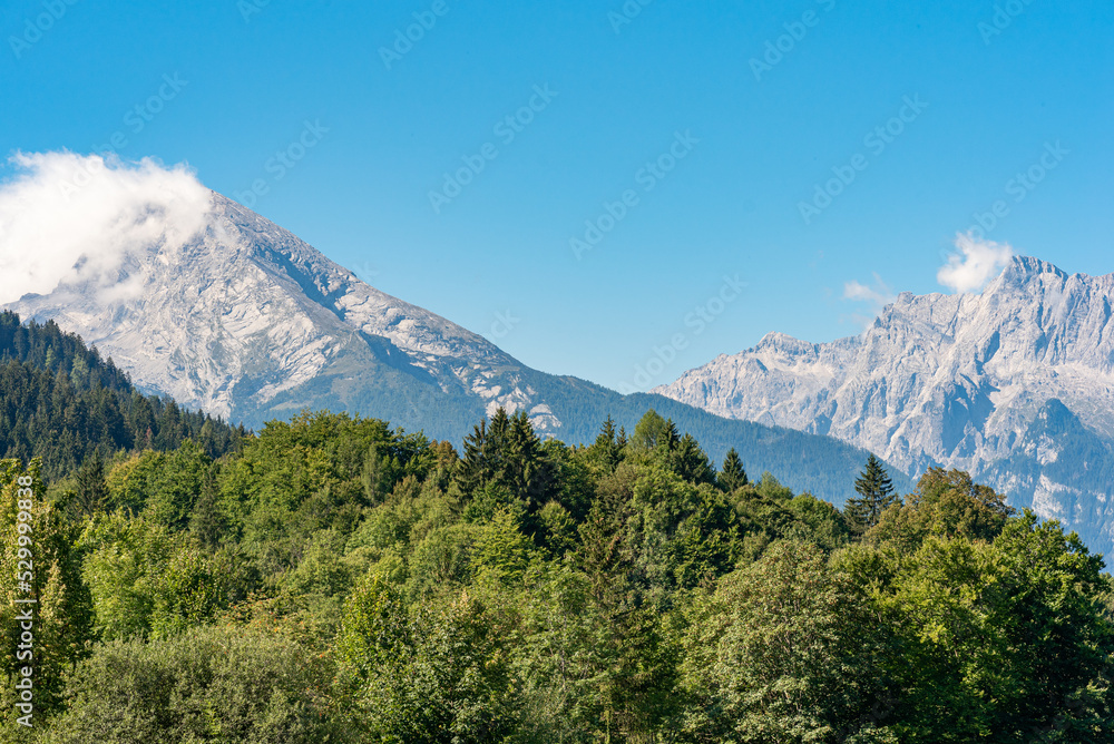 View to the Berchtesgaden Alps with the Hochkalter Group and the Watzmann massif. Both majestic mountains with several summits and the Hochkalter with 2607m, the Watzmann with 2713m high