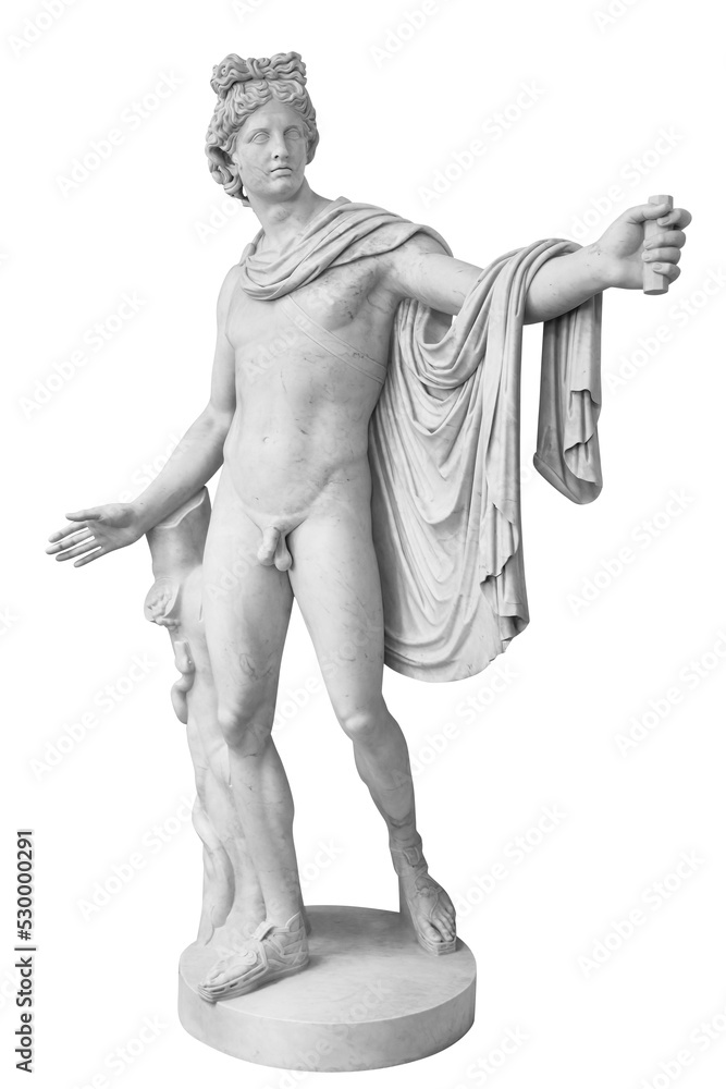 Perspective view of famous roman greek copy of apolo di belvedere sculpture isolated on white background