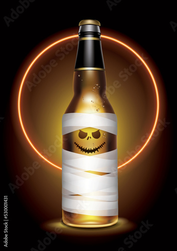 Vector illustrator of a beer bottle in Halloween costume on the dark background with lights. In the mood for Halloween night. Halloween concept.