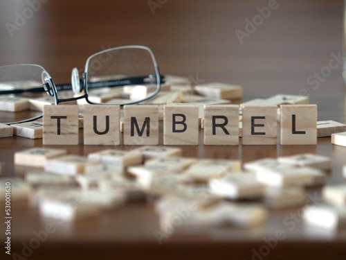 tumbrel word or concept represented by wooden letter tiles on a wooden table with glasses and a book photo