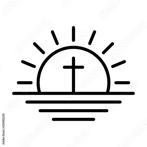 Sunrise icon with cross. Church logo icon. Black vector illustration. Religious symbol