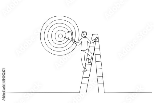 Drawing of ambitious businessman on ladder using paint roller to paint big dartboard, archery target. Single continuous line art