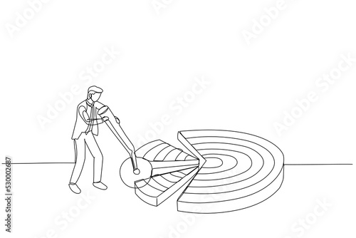 Cartoon of businessman break down dartboard target into chunks. Metaphor for break down big goal into small achievable goals. Continuous line art style