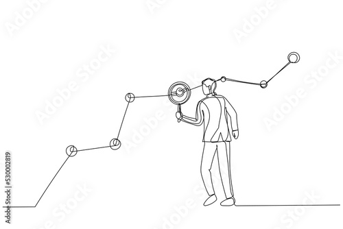 Drawing of businessman marketer holding magnifying glass analyze customer data graph and chart. Single line art style