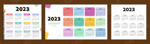 Set color Calendar 2023 year. Vector template collection. Simple design.