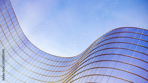 Glass buildings business concept. The glass facade of a skyscraper with a mirror reflection of sky windows. Bright sunny day with sunbeams in the blue sky. Modern buildings background. 3d Rendering.