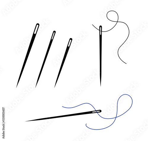 Sewing Needles of different sizes. Set of needle and thread black silhouette.