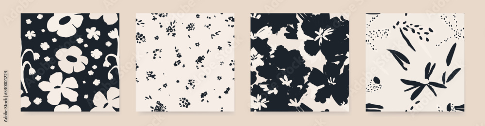 Black and White, Floral, Pattern, Minimalist, Modern, Abstract