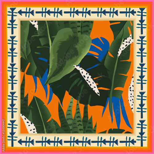 Modern exotic scarf design with artistic jungle illustration. Abstract fashionable vector template for your design.