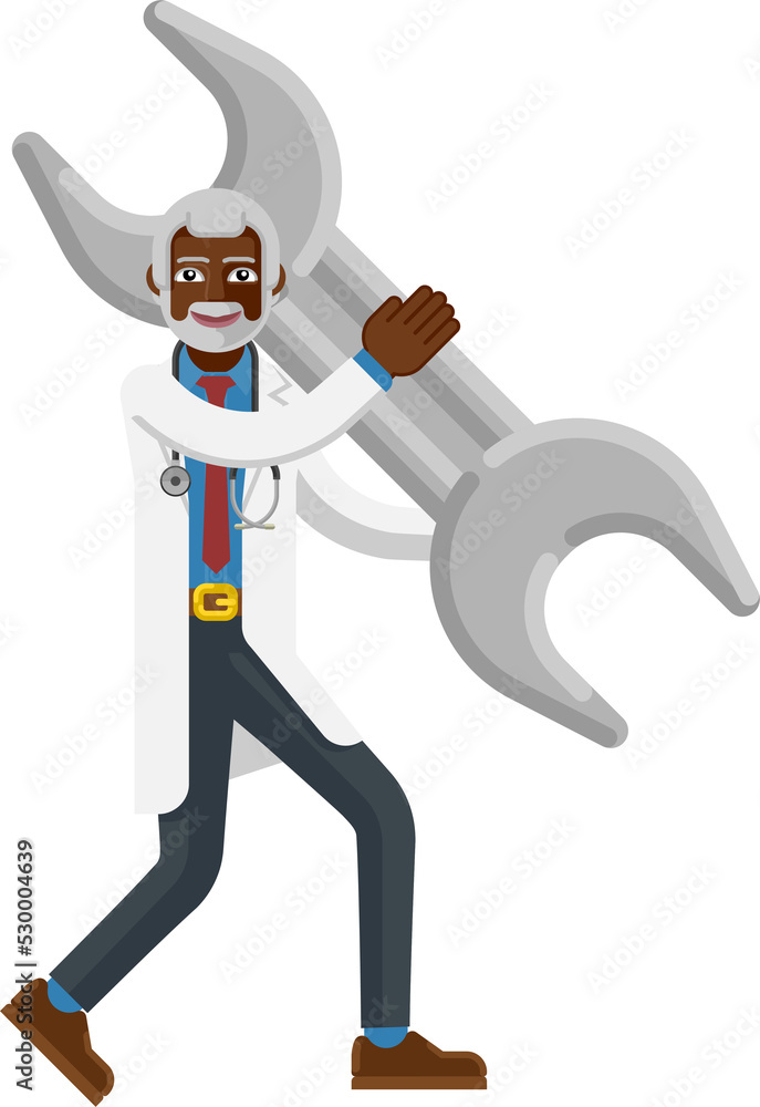 Mature Black Doctor Man Holding Spanner Wrench Mature Black Doctor Man Holding Spanner Wrench