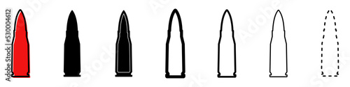 Bullet icon. Set of different icons of military cartridge. Bullet or patron silhouette. Vector illustration. Black sign