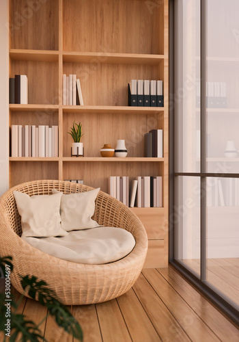Modern minimal Scandinavian home relaxing area interior design with comfy wicker armchair © bongkarn