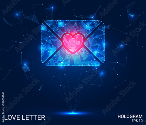 The hologram is a love letter. A love letter of polygons, triangles of dots and lines. Love letter icon low poly compound structure. Technology concept vector.