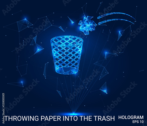Hologram throwing paper in the trash. A trash can of polygons, triangles of points and lines. Throwing paper in the trash low poly compound structure. Technology concept vector.