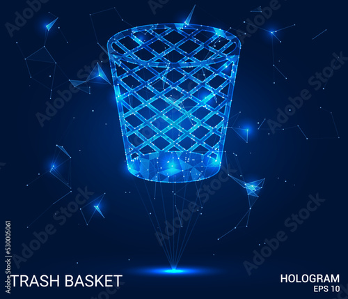 A hologram of a trash basket. A trash can of polygons, triangles of points and lines. Trash can icon low-poly compound structure. Technology concept vector.