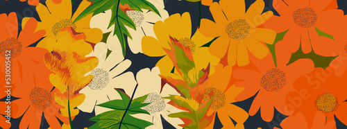 Hand drawn abstract seasonal print with leaves and flowers. Cute autumn collage pattern. Fashionable template for design. Cartoon style.