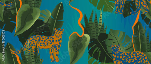 Modern hand drawn abstract jungle pattern with leopards. Ethnic style collage contemporary seamless pattern. Fashionable template for design.