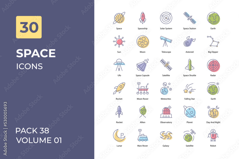Fototapeta Space icons collection. Set contains such Icons as alien, comet, galaxy, and more
