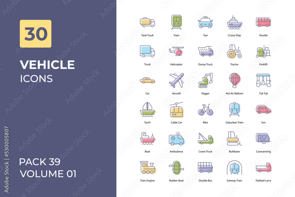 Fototapeta Vehicle icons collection. Set contains such Icons as car, bus, truck, bike, and more