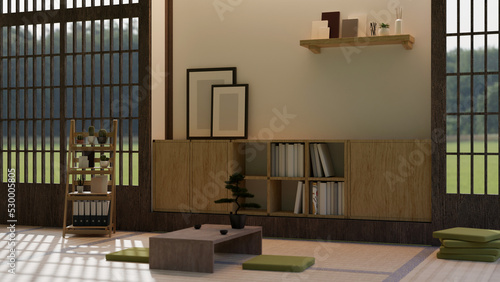 Living room in Traditional Japanese zen style interior with table and cushions on Tatami floor, wood cabinet