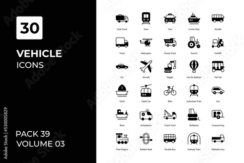 Vehicle icons collection. Set contains such Icons as car, bus, truck, bike, and more
