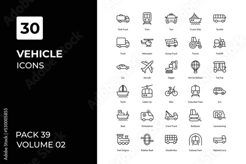 Vehicle icons collection. Set contains such Icons as car, bus, truck, bike, and more