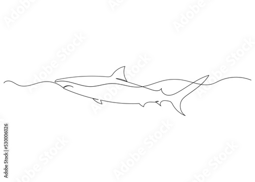 Continuous line drawing of shark with the ocean. Minimalism art.