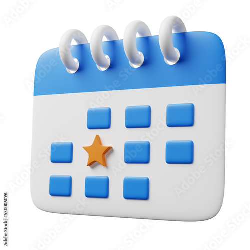Minimal blue white calendar icon and important agenda yellow star mark date isolated on background. Business task time organize management, Meeting or deadline reminder, monthly plan. 3d render