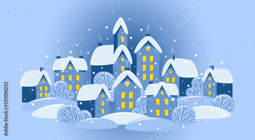 Snowy winter landscape with houses and trees. Winter city or village for a New Year and Christmas background. Vector illustration 