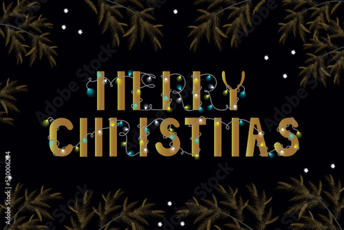 Merry Christmas card on dark background. Greeting card with glowing light bulb garland on gradient background. Vector illustrtion