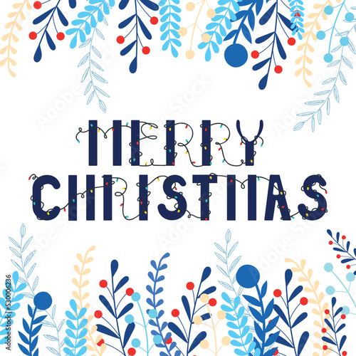 Merry Christmas card. Greeting card with light bulb garland. Vector illustrtion
