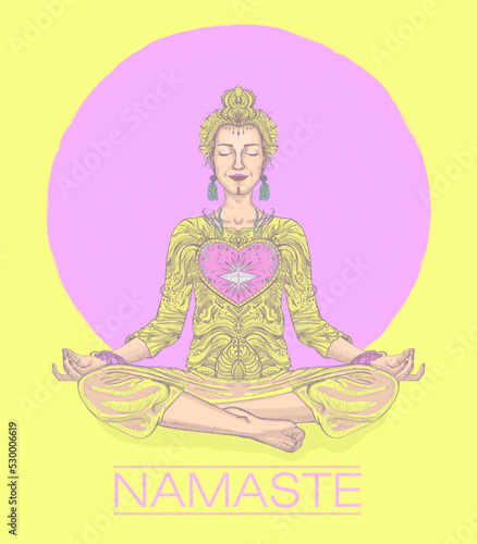 Namaste woman practice yoga meditation, lotus pose, art graphic poster illustration