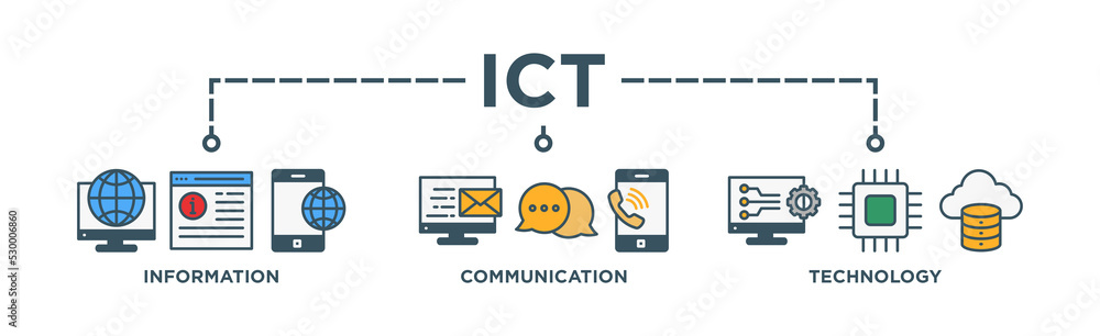 ICT Banner Web Icon Vector Illustration Concept for Information and Communications Technology ICT Banner Web Icon Vector Illustration Concept for Information and Communications Technology
