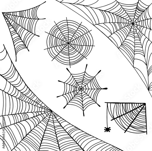 Spider web set - black on white background. Halloween design elements. Doodle line art. Creepy spiderwebs collection