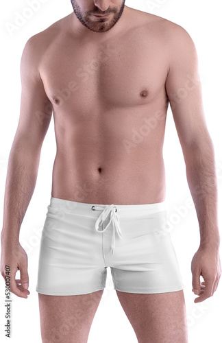 White boxers mockup, png, on guy, front, shorts isolated on background.