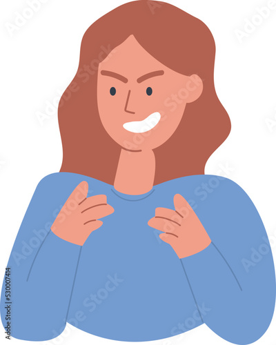 Unpleasant gloating person, plotting, planning and scheming negative dirty affairs. Evil nasty cunning sly face expression. Negative emotion, gesture. Insidious, deceitful, treacherous. Vector