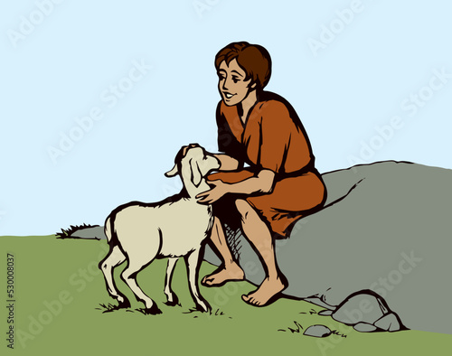 Shepherd with sheep. Vector drawing