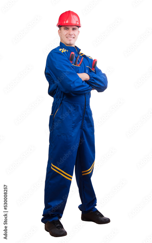 Young blue collar worker posing with tools isolated on white background Young blue collar worker posing with tools isolated on white background