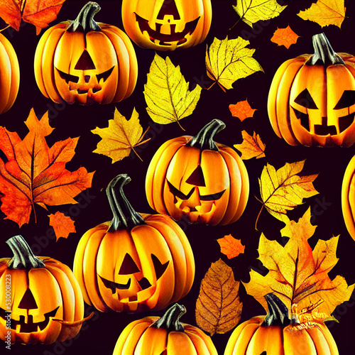 halloween pumpkins and autumn leaves pattern  holiday illustration  textures  wallpapers