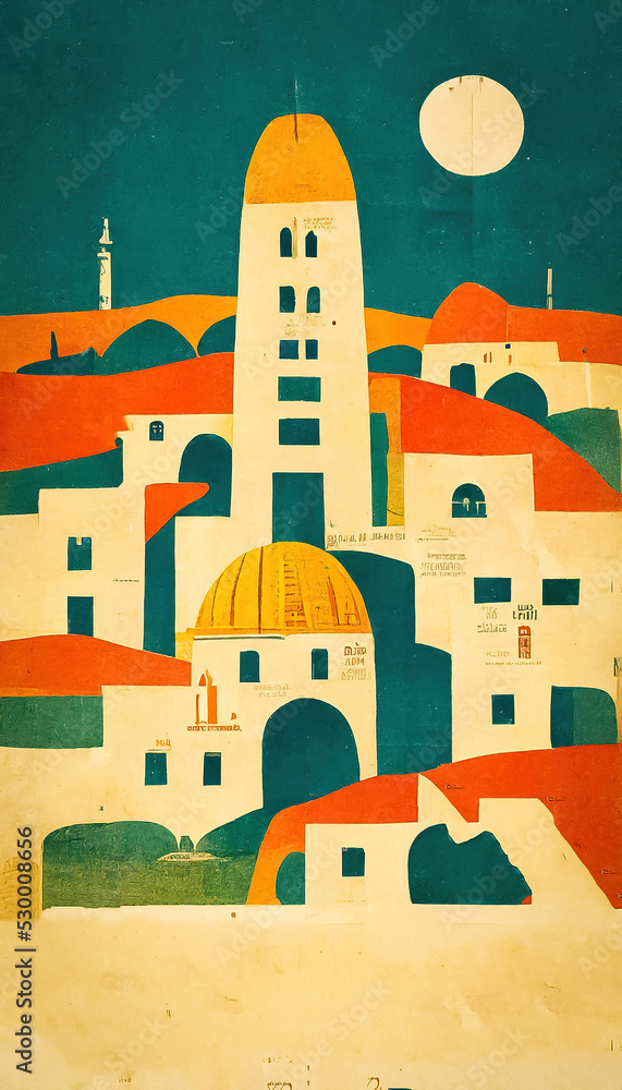 Vintage poster on the architecture of Israel, its traditional cities, for minimalist travel poster or flyer ready to fill
