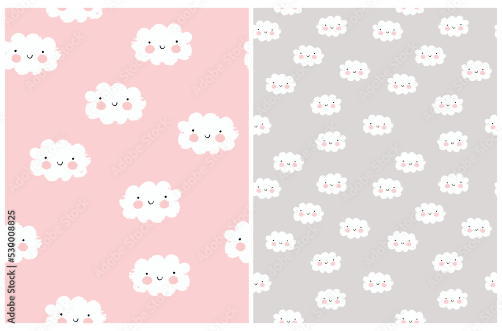Cute Simple Baby Shower Vector Patterns ideal for Baby Girl. White Fluffy Smiling Cloud on a Light Gray and Pastel Pink Background. Delicate Nursery Repeatable Print. Cloudy Kawaii Style Pattern. Cute Simple Baby Shower Vector Patterns ideal for Baby Girl. White Fluffy Smiling Cloud on a Light Gray and Pastel Pink Background. Delicate Nursery Repeatable Print. Cloudy Kawaii Style Pattern.