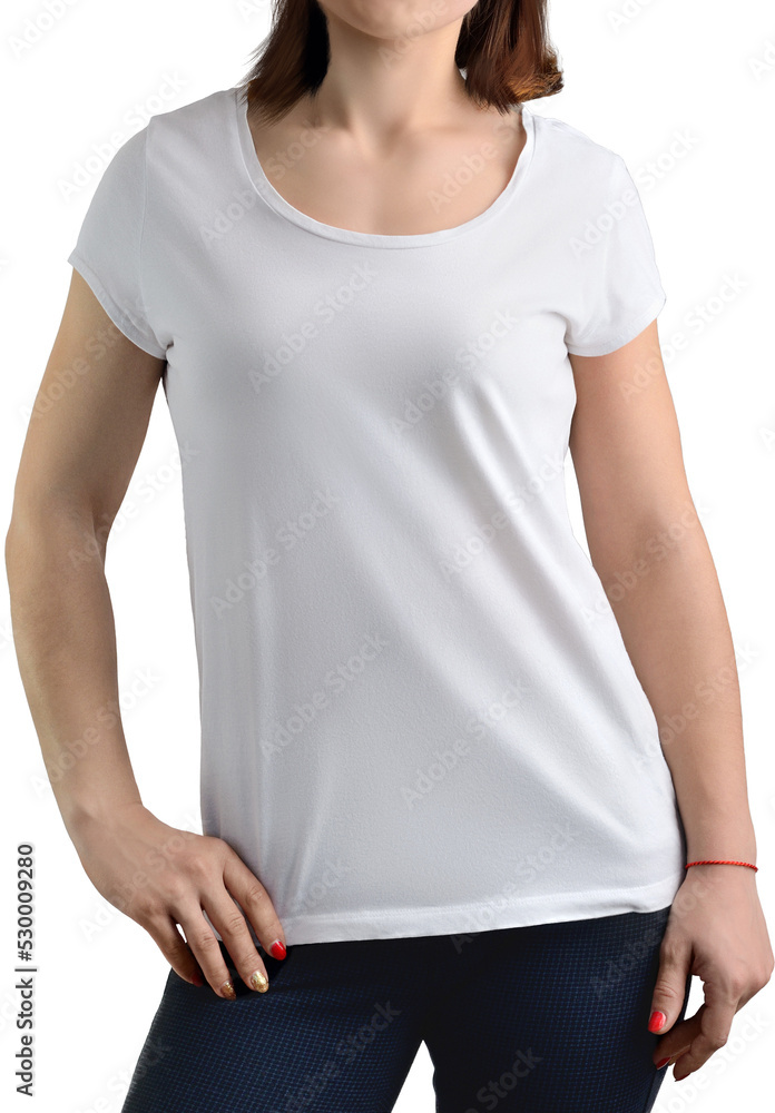 PNG. White t-shirt mockup on girl, woman isolated on transparent background PNG. White t-shirt mockup on girl, woman isolated on transparent background