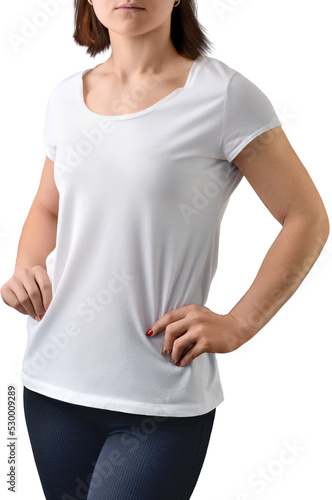 PNG. White t-shirt mockup on girl, woman isolated on transparent background