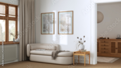 Blurred background, elegant living room with carpeted floor and fabric sofa. Minimalist classic interior design © ArchiVIZ