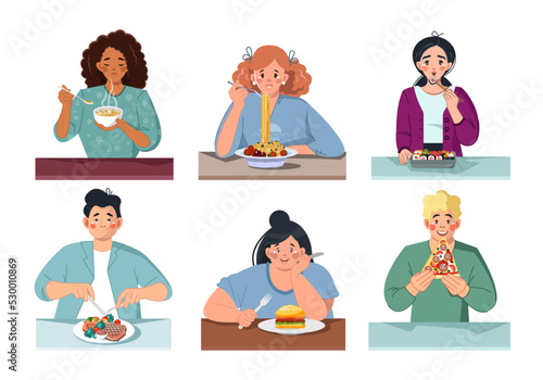 A set of diversity people who sit at tables and eat a variety of food.  Vector illustration