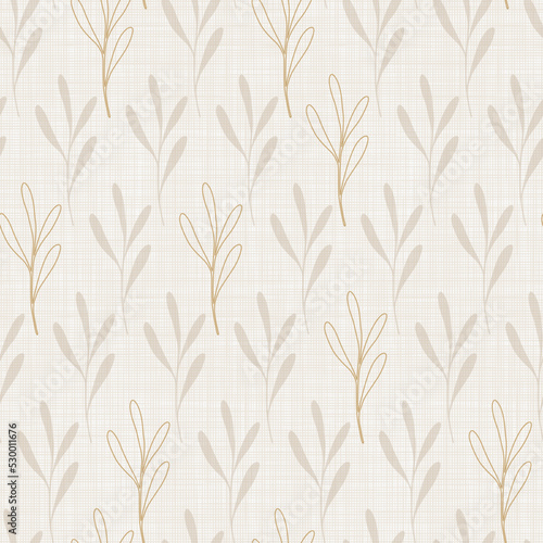 Pinnate leaves on a beige fabric background. Golden outline elements. The texture of the linen fibers. Regular floral repeating pattern. Vector background for cards, wrapping or wallpaper.