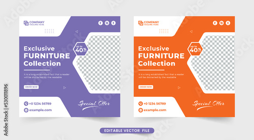 Furniture business social media promotion template vector with orange and purple colors. Exclusive furniture sale template for digital marketing. Furniture promotional web banner vector.