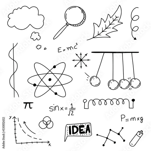 Hand drawn physics doodles set, science learning vector