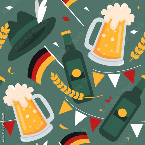 Beer Festival. Seamless vector pattern for Oktoberfest from beer, wheat, Germany flag. Flat modern illustration.